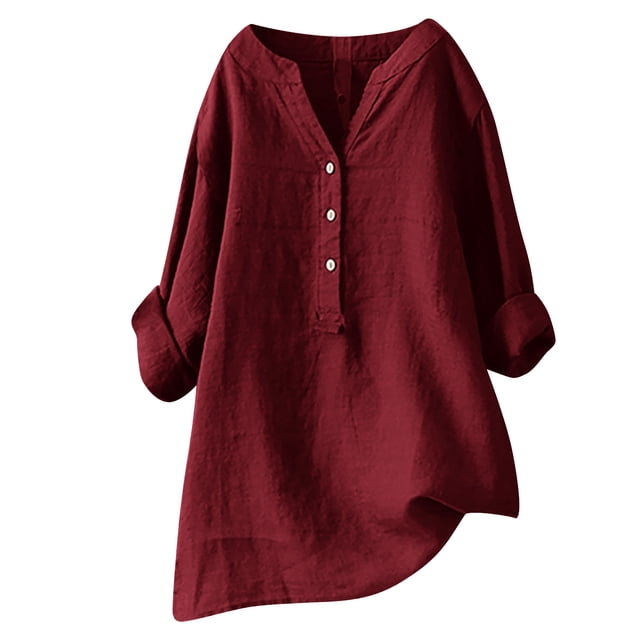RKSTN Womens Tops Cotton and Linen V-Neck Long Sleeve Three Buttons Plus Size Tops Loose Fit Solid Color Basic Breathable Summer Tops Blouses