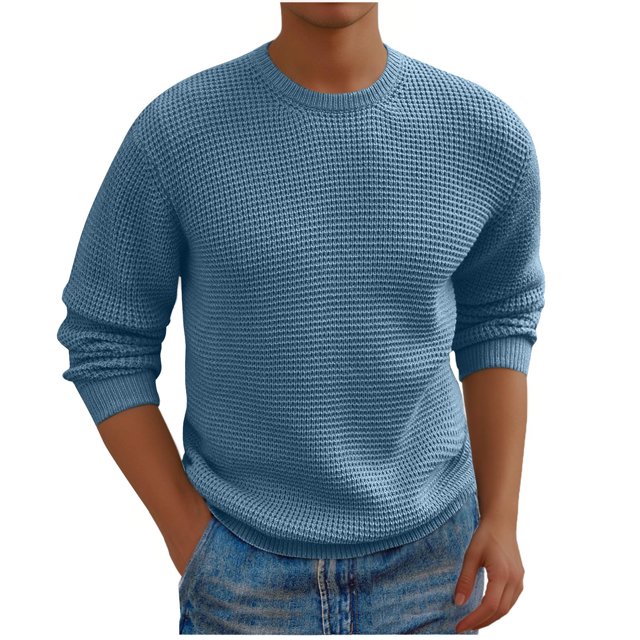 Penkiiy Chandail à Col Rond pour Homme Coupe Ajustée Léger à Manches Longues Tricoté Chandails TG Bleu