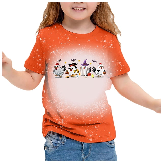 PMVFHDE T-Shirts Graphiques pour Filles T-Shirts pour Filles T-Shirts d'Été pour Filles T-Shirts pour Filles Hauts pour Fille Enfants Mignon Imprimé Col Rond Manches Courtes T-Shirt Décontracté Haut Orange, 6-7 Ans