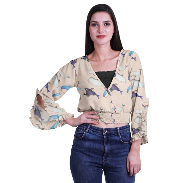 Moomaya Printed Womens Crop Top Wrap Style Top Wear Ruffle Long Sleeve Casual Summer Blouse