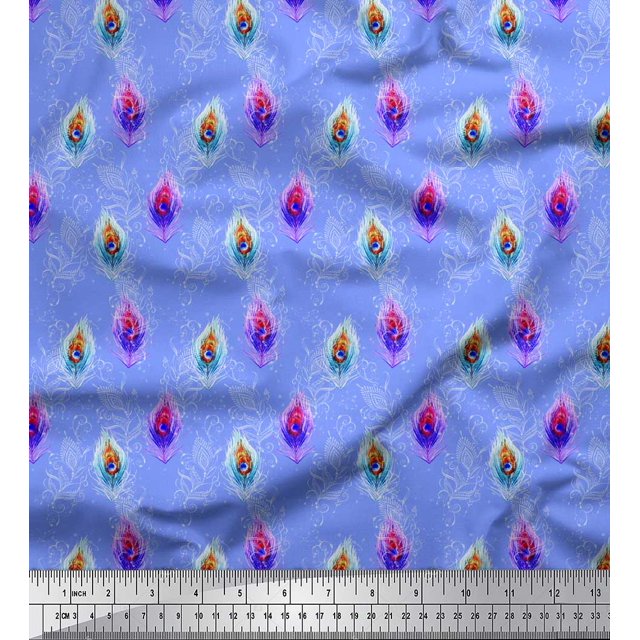 Soimoi Blue polyester Crepe Fabric Peacock Feather Printed Fabric 1 Yard 42 Inch Wide