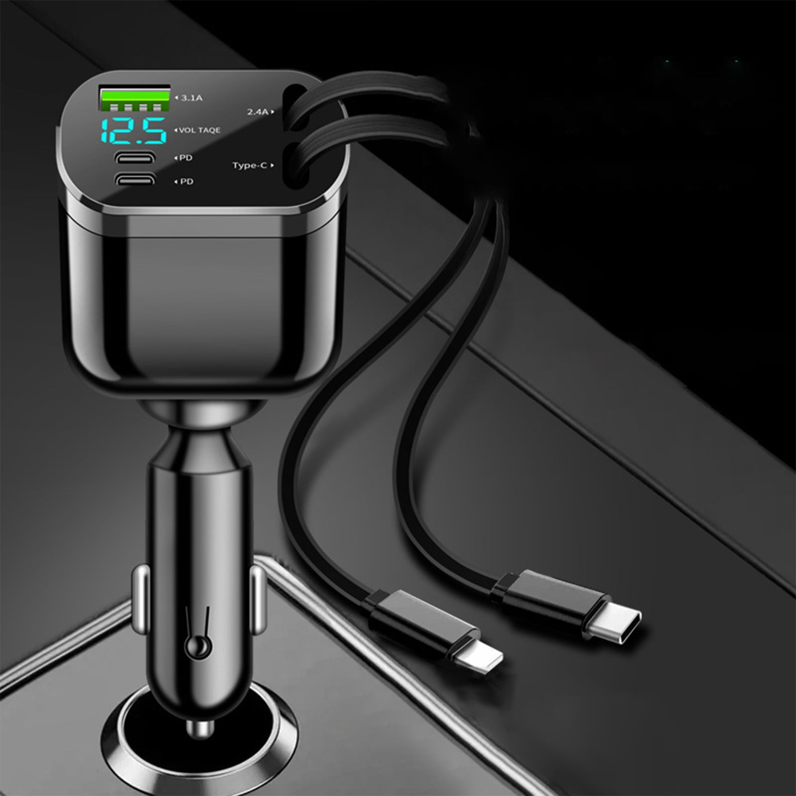CQCYD Folding Telescopic Car Charger, Fast Charging Dual Retractable Cable, 5-Port USB Car Adapter for Android Phones, Vehicle Travel Charger for Truck SUV Sedan