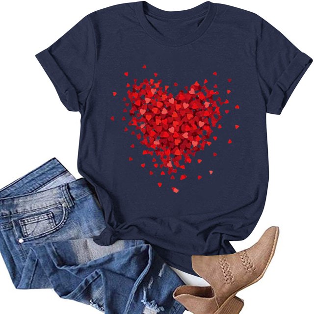 TIMIFIS T-Shirts pour Femmes Saint-Valentin Été Décontracté Manches Courtes Col Rond T-Shirts Mode Imprimé Cœur d'Amour Tee Shirt
