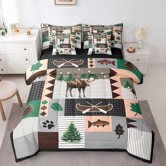 Ensemble de Literie 7 Pcs Moose Lodge Simple, Aventure Rustique de Ferme Bateau Achigan Poisson Sac de Lit pour Enfants, Ensemble de Couette Patchwork Rétro Carreaux Rayures Brun Gris Noir avec Draps, Housses d'Oreiller