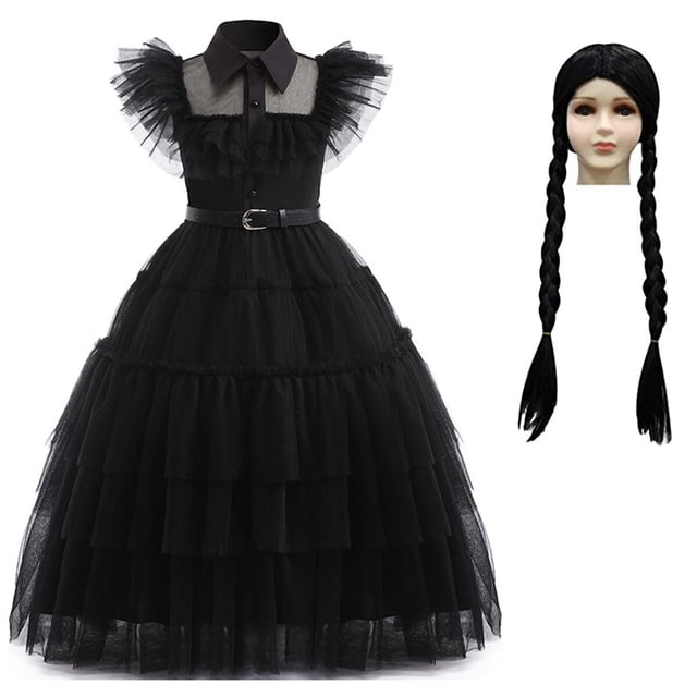 HAWEE Costume de Wednesday Addams pour Filles de 4 à 13 Ans, Comprenant une Robe Gothique vintage Noire avec Boutons à Revers, des Épaules en tulle Superposées et une Jupe Gâteau à Plusieurs Couches. Comprend une Ceinture en Cuir PU pour une Taille Ajustée. Convient à l'Halloween, au cosplay, aux Fêtes et au Port Quotidien. l'Ensemble Comprend Aussi une Perruque Tressée pour un Style Complet de Wednesday Addams.