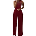 thumbnail image 1 of Pompotops Combinaison Pyjama à Col Licou Unie pour Femmes, Décontractée, Pantalon à Jambe Grand, 1 of 5