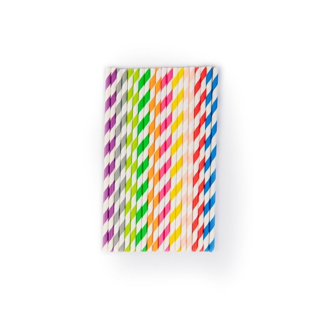 Mainstays Ms 100pc Bio Straws, 0.656 in diameter, 100 biodegradable paper straws with colorful diagonal stripes in purple, gray, green, orange, pink, yellow, peach, red, and blue, arranged side by side on a white background, ideal for graduation party tableware and eco-friendly celebrations, also suitable for arts and crafts projects.