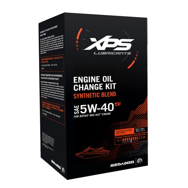 BRP XPS Sea-Doo Spark 4T 5W-40 Full Synthetic Blend Oil Change Kit, 9779485. The black and orange packaging prominently displays the XPS Lubricants logo and product details, including compatibility with Rotax 900 ACE engines. The kit includes synthetic blend oil, an oil filter, and an o-ring, designed for maintaining the performance of Sea-Doo watercraft.