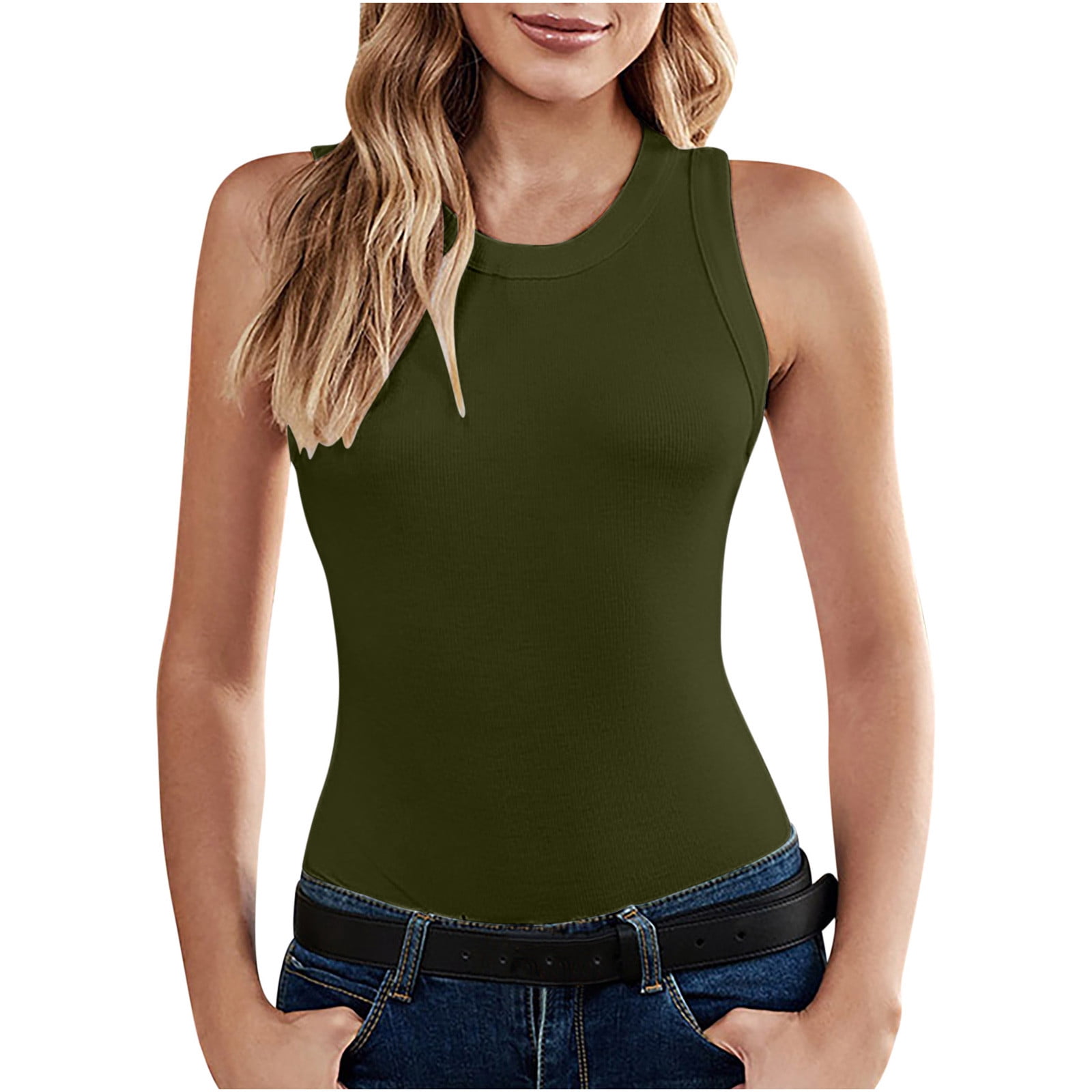 AherBiu Tank Top for Women Basic Ribbed Knited Solid Color Slim Tight Sleeveless Crewneck Stretchy Camis Tshirts