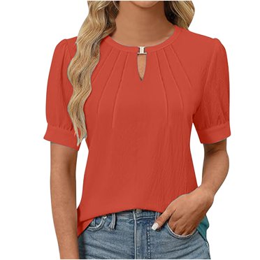 T-Shirt à Manches Courtes pour Femmes Articles en Liquidation T-Shirt en Fibre Chimique pour Femmes T-Shirt Décontracté à la Mode pour Femmes Couleur Unie Plissé Manches Courtes Hauts