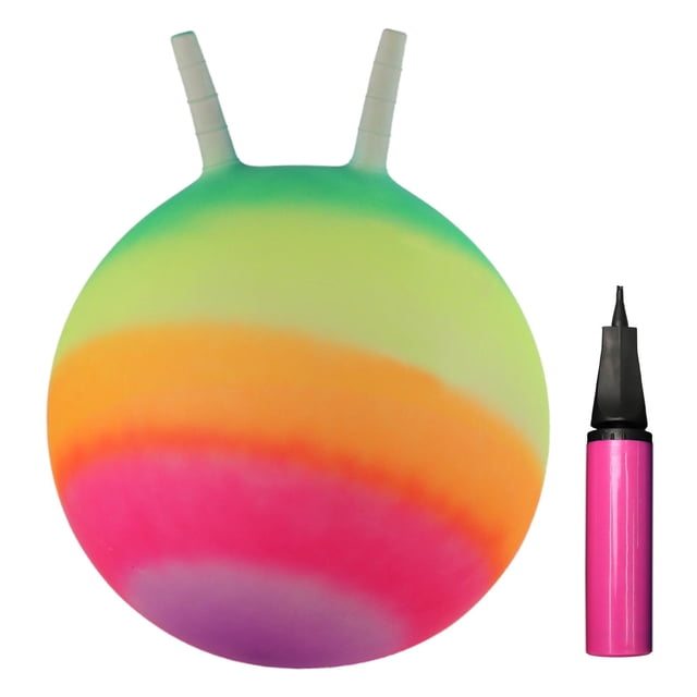 Lipstore Jumping Ball 18in for Children Bouncing Indoor and Outdoor Games Hopper Ball. This multicolour rainbow ball features a durable PVC and pp construction with a handle for secure grip. The 45cm (17.72in) ball comes with an air pump for easy inflation, making it suitable for both kids and adults. Ideal for enhancing coordination, balance, and social interaction during play.