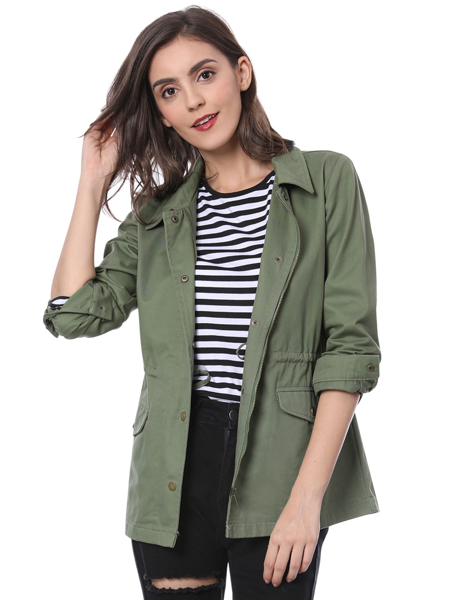 INSPIRE CHIC Veste Utilitaire pour Femme Unie à Taille Coulissante avec Poches à Rabat