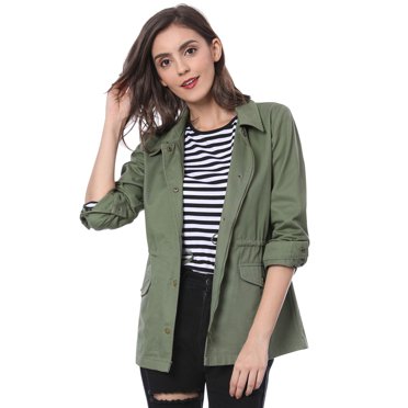INSPIRE CHIC Women's Solid Drawstring Waist Flap Pocket Utility Jacket