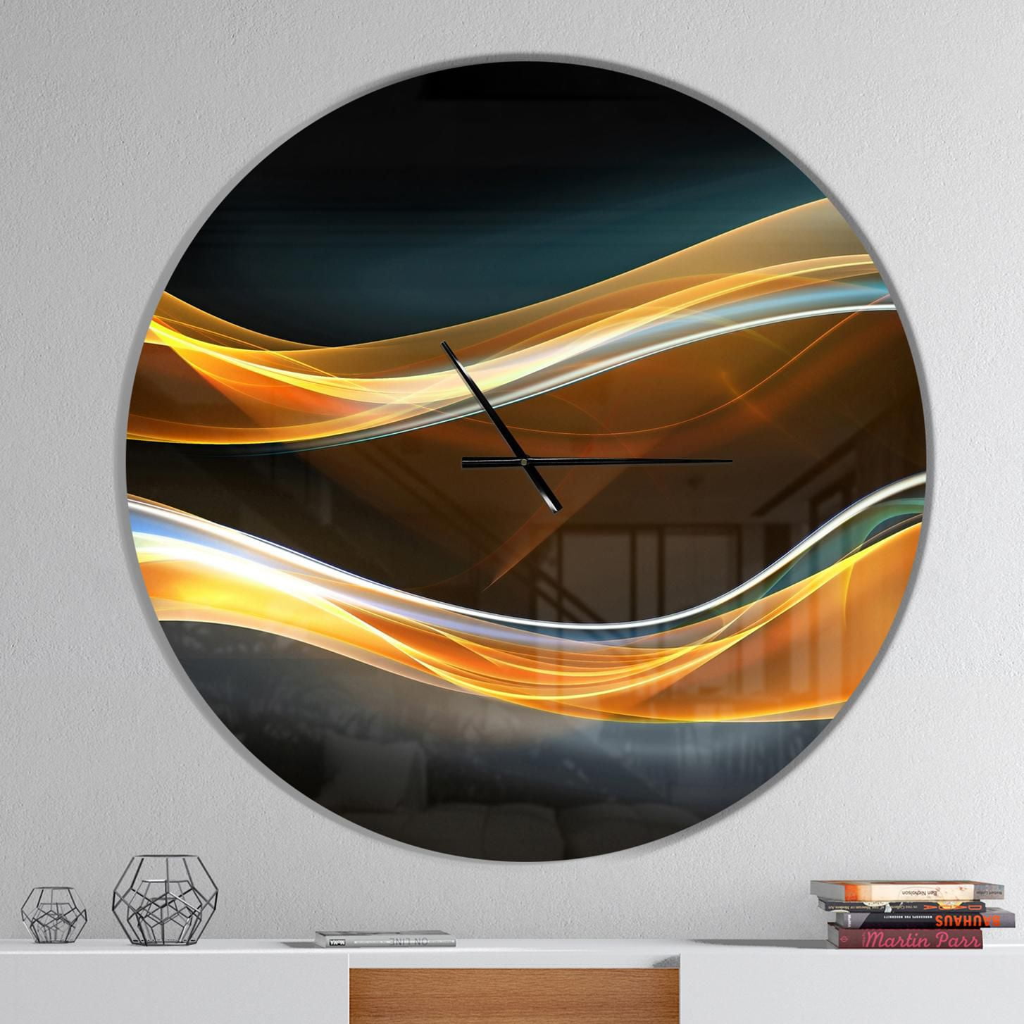 Designart Vagues d'or 3D en noir horloge murale