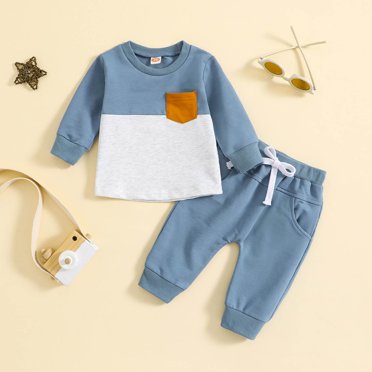LSLJS Toddler Baby Boy Clothes Long Sleeve Striped Crewneck T-Shirt Top + Solid Drawstring Pants Set Infant Fall Outfits
