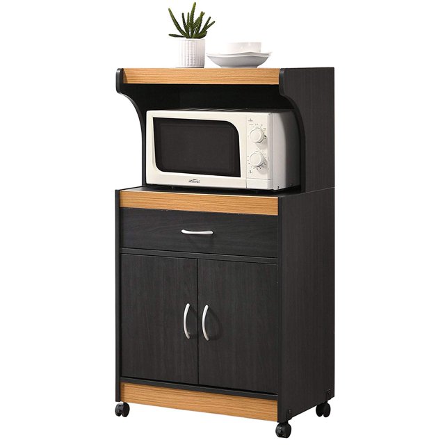 Hodedah Chariot Îlot pour Micro-Ondes à Roulettes avec Tiroir et Rangement d'Armoire, Black-Beech