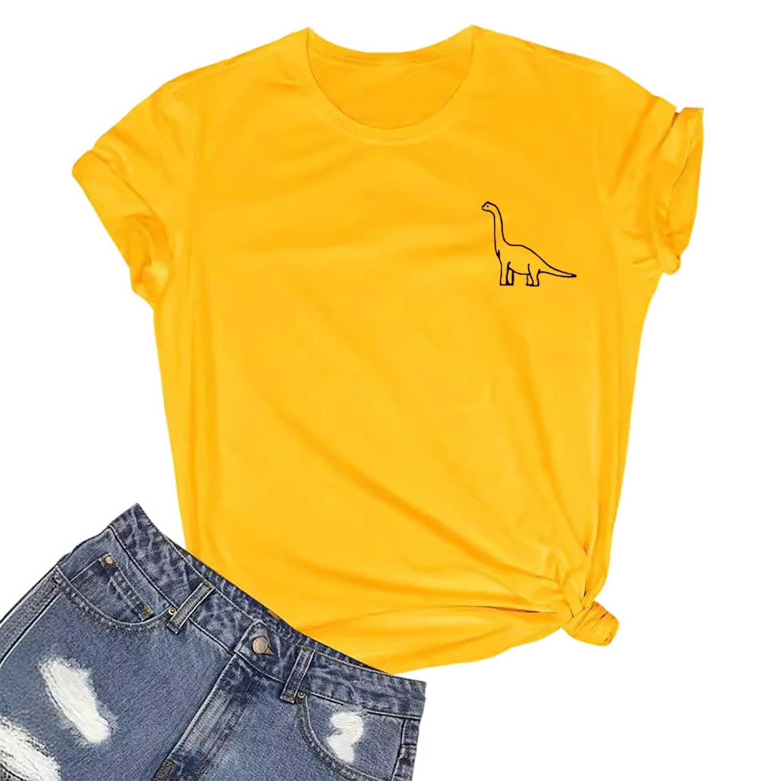 WEIYLL T-Shirts Women Small Dinosaur Print Yellow Tees Sizes S