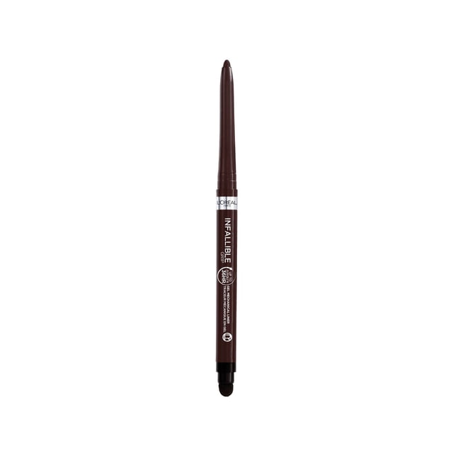 L'Oreal Paris Infallible Grip 36H Gel Mechanical Liner in dark brown, a slim automatic gel eyeliner pencil with white branding and a built-in smudger tip, designed for long-lasting, smudge-resistant eye definition.