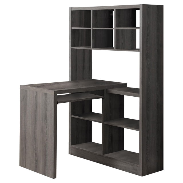 Monarch Specialties Computer Desk in brown laminate, L-shaped corner design with pull-out keyboard tray and integrated bookcase featuring multiple open storage shelves above and below the desk surface, customizable for left or right setup, ideal for contemporary home office use.