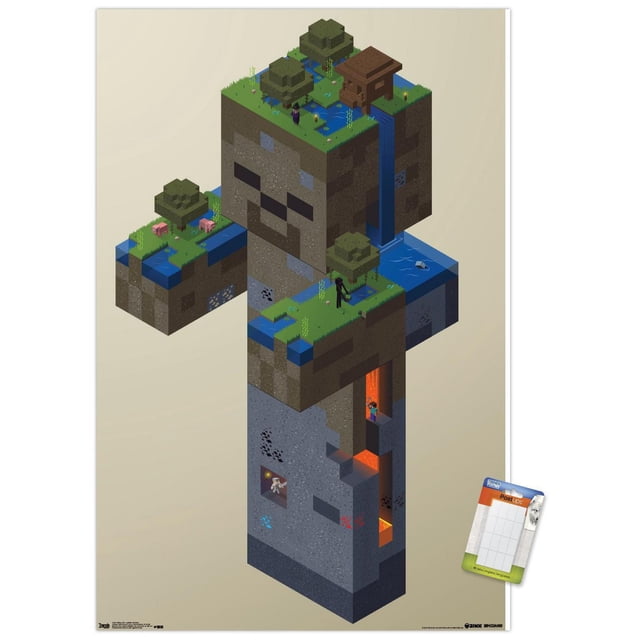 Minecraft - Affiche Murale de Marais Zombie, 14,725 Pouces x 22,375 Pouces Encadrée, Représentant une Figurine de Zombie Blocée Construite à Partir d'Herbe, de Terre, de Pierre et de Blocs d'Eau avec des Arbres, des Cochons, une Cabane en Bois et des Grottes de Lave dans un biome de Marais. Cette Oeuvre Murale Encadrée Est Imprimée sur Papier Lustré Certifié FSC avec un Accroche-Dents de Scie pour un Montage Facile, Parfait pour la Déco