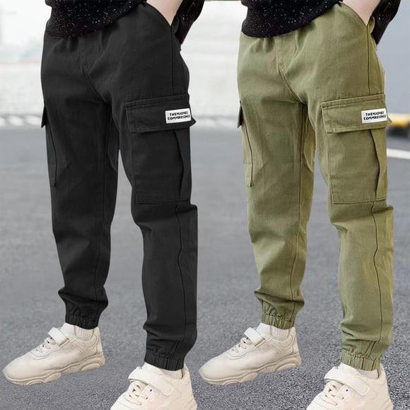 2 Pack Boys Cargo Pants Size 10-12 Kids Cotton Parachute Pants Casual Elastic Waist Baggy Cargo Pants with Pockets Active Sweat Pants Teens Workout Joggers Pant Athletic Running Outdoor Sweatpants