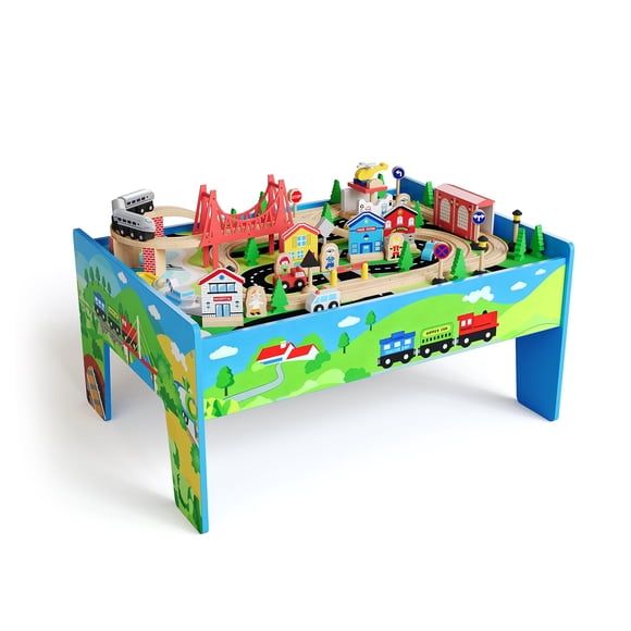 Table de Train – Ensemble de Jeu pour Enfants en Bois de 80 Pcs – Table d'Activités – Rails, Chemin de Fer et Ville – Cadeau pour Tout-Petits Garçons et Filles de 3 Ans et Plus