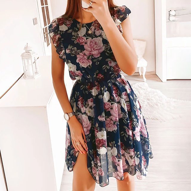 EGNMCR Robes d'Été pour Femmes Tendance 2024 Mode pour Femmes Bohème Col Rond Ample Manches Courtes Robe Longueur Imprimée