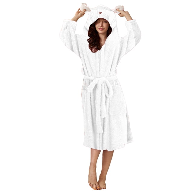 AherBiu Womens Robes Lightweight Fuzzy Fleece Warm Midi Bathrobe Soft Plush Belted Robe with Hood