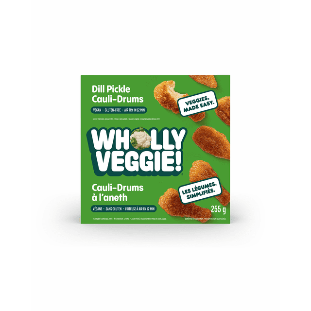 Dill Pickle Cauli Drums by Wholly Veggie, a 255 g box of vegan, gluten-free breaded cauliflower snacks shaped like mini drumsticks on a green background. The packaging highlights air frying in 12 minutes and bilingual text including 'Veggies, made easy' and 'Les légumes, simplifiés.' These plant-based snacks offer a crunchy, dill pickle-flavored option ideal as a snack or appetizer.