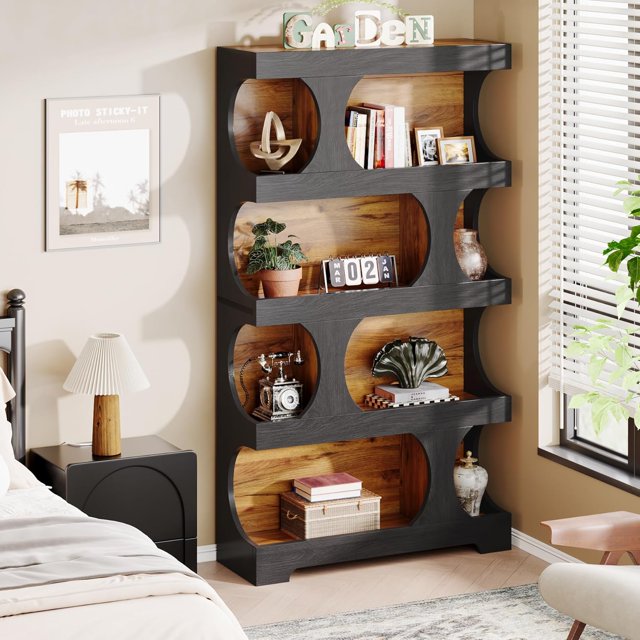 4-Tier Tall Bookcase, 71" S-Shaped Bookshelf, Wood Decorative Storage Shelving