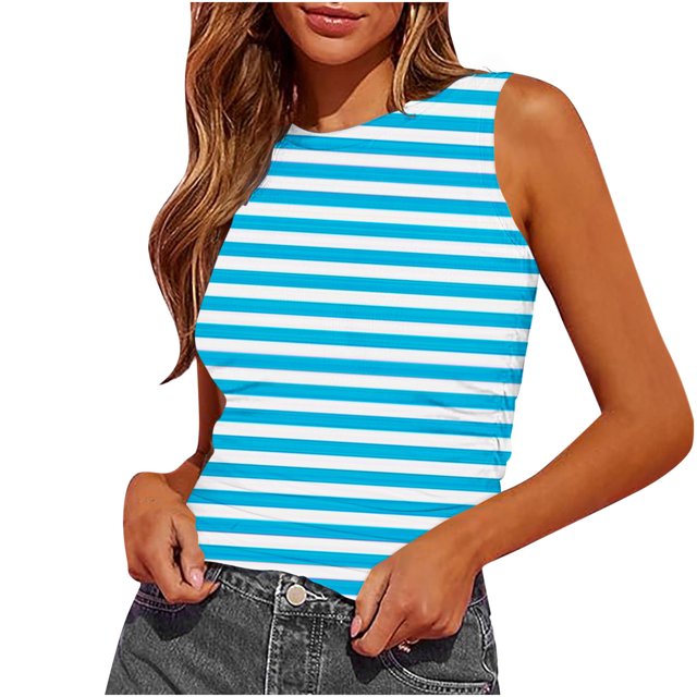 Plebaso Womens Slim Striped Tank Tops Sleeveless Crewneck Ruched Blouses Summer Casual Basic Tee Tops