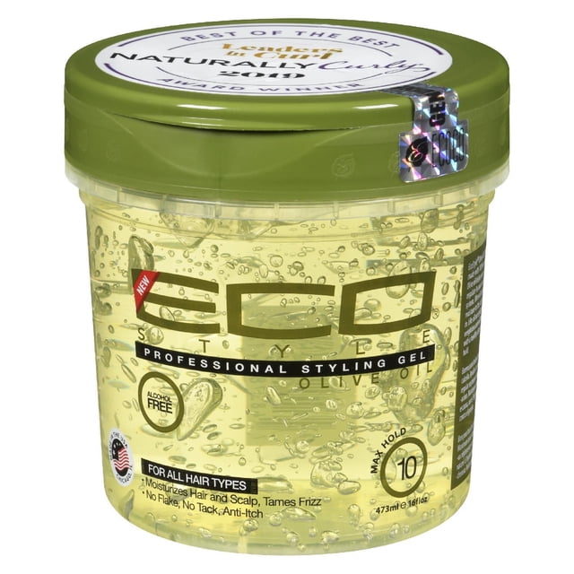 Ecostyle Olive Oil Gel in a 473 ml clear plastic jar with a green lid, showing transparent yellow gel with bubbles, labeled as alcohol-free professional styling gel for all hair types that moisturizes hair and scalp, tames frizz, and provides maximum hold level 10 for natural shine and hair repair.
