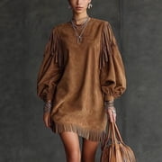 Mceream Summer Dresses for Women Casual A Line Dress 2026 Maxi Dress Boho Sundresses V Neck Short Dresses Floral Sundress Pleated Dress Brown XL