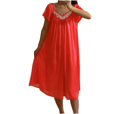 Robe de Pyjama de Nuit en Liquidation Femme Manches Courtes Chemise de Nuit Ample Confort Douce Tenue de Détente Nuisette Col en V Plissée Chemises de Nuit Mignonne Robe de Pyjama Nouvelle Rouge Taille Unique