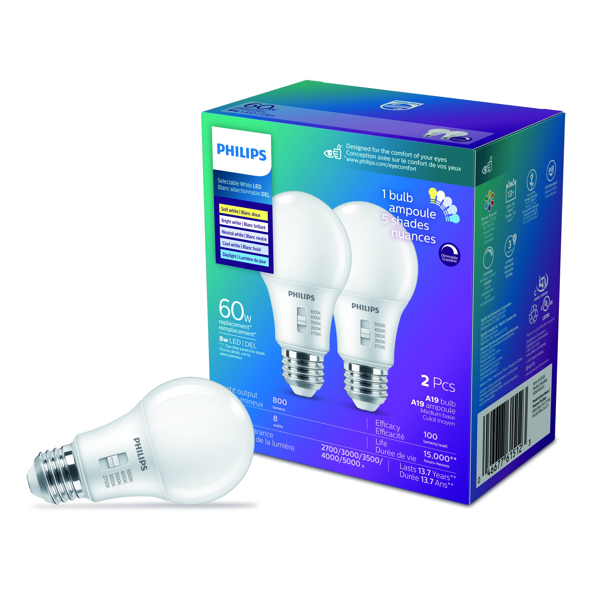 Philips LED 60W A19 Selectable White (5CCT) 2-Pack