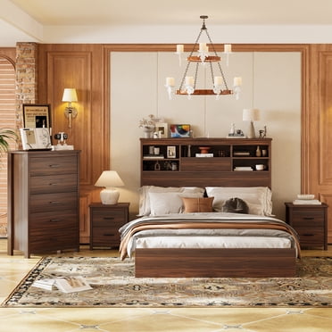 Ensemble de chambre 4 pièces Noble House : lit Queen en bois, 2 tables de chevet et commode 5 tiroirs, noyer
