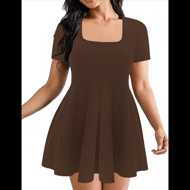 Women's Mini Dress Square Neck Short Sleeve Ruffle Hem Dresses with Built in Shorts Brown L