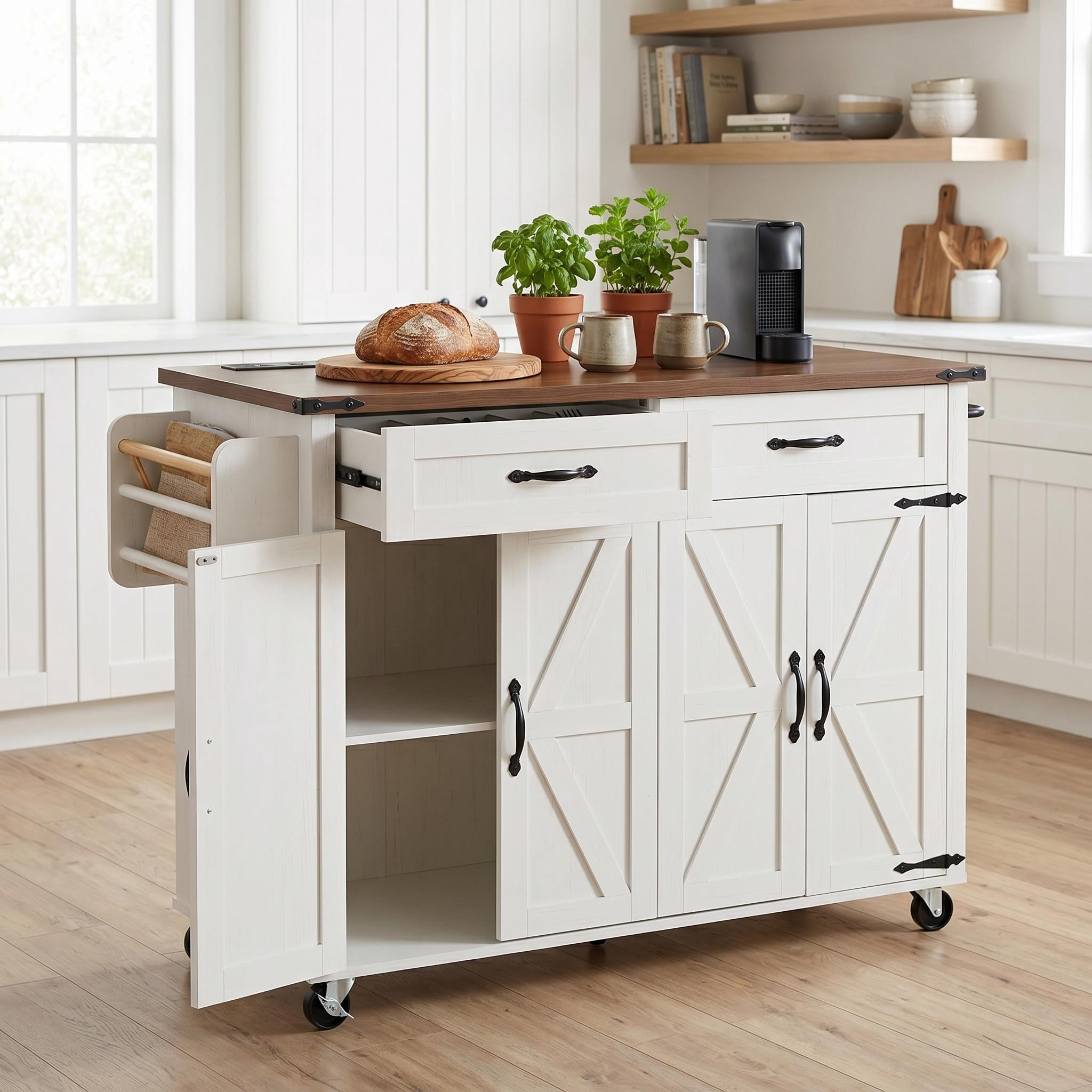 Homy Casa 53 Inch Farmhouse Style Kitchen Island with Power Outlet, Foldable Countertop, Spice Rack, Drawers, and Wheels – White
