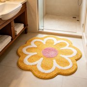 Flower Shape Bathroom Rug Mat, Xinsrenus Soft Absorbent Antiskid Polyester Bath Mat, Decorative Waterproof Quick Dry Non-Slip Floor Mat for Bathroom Tub Shower Home, Yellow
