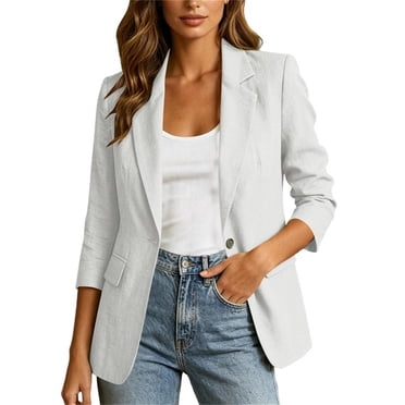 ShomPort Women's Blazer Cotton Linen 3/4 Sleeve Button down Lapel Suit Jacket with Pockets Commuting Business Casual Blazer