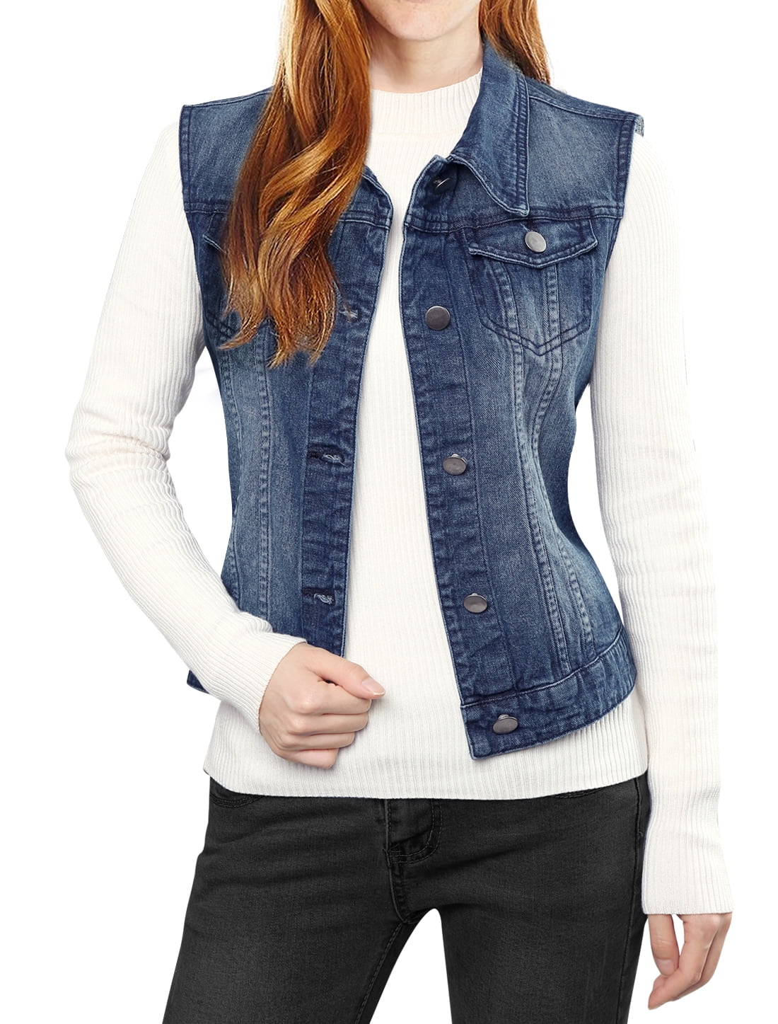 INSPIRE CHIC Gilet en Denim à Simple Boutonnage pour Femmes, Délavé, avec Poches à Rabat sur la Poitrine