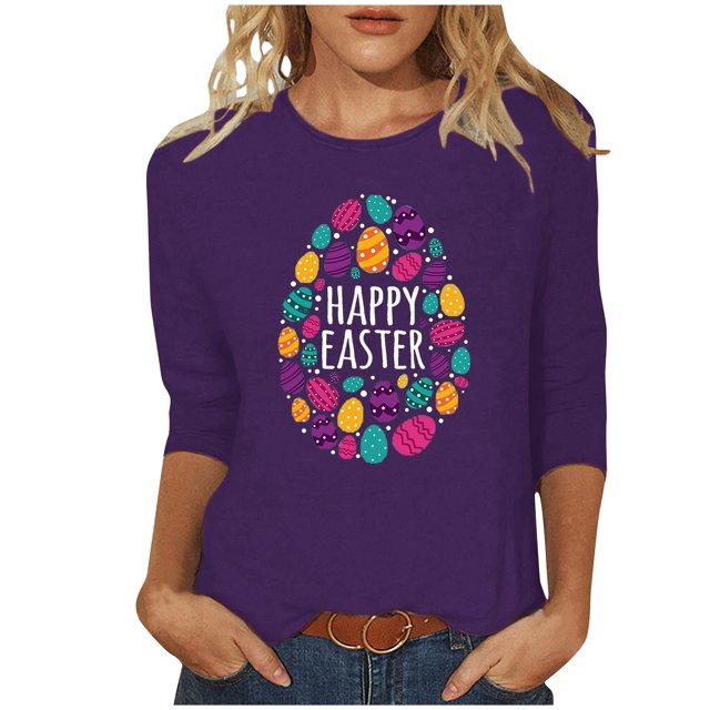 RKSTN Hauts Grande Taille pour Femmes Œufs de Pâques Mignons Imprimés Lapin Coupe Ample Col Rond Manches 3/4 Printemps Été Blouse Douce
