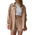 thumbnail image 1 of Fgnfyis Ensemble Décontracté Mode pour Femmes, Chemise à Manches Longues avec Col de Printemps, Shorts à Taille Haute avec Cordon, Ensemble 2 Pcs pour Femmes, Shorts Kaki P, 1 of 4