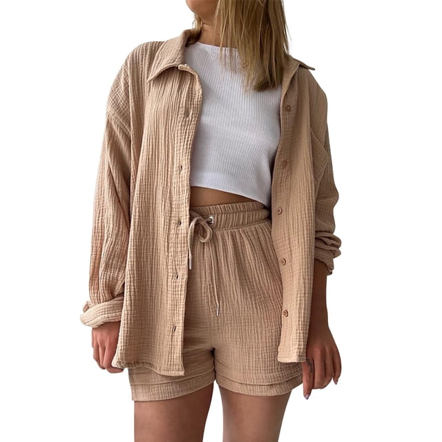 Fgnfyis Ensemble Décontracté Mode pour Femmes, Chemise à Manches Longues avec Col de Printemps, Shorts à Taille Haute avec Cordon, Ensemble 2 Pcs pour Femmes, Shorts Kaki P