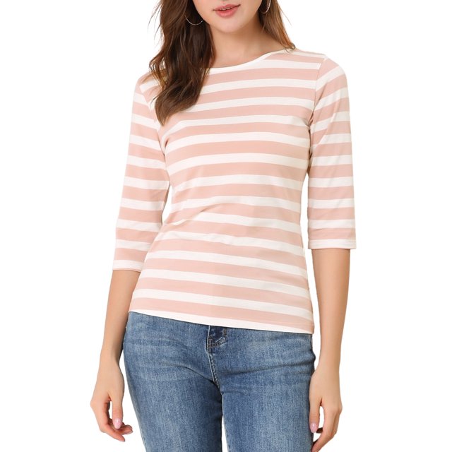 INSPIRE CHIC Hauts pour Femmes Non Doublés Col Rond Manches au Coude Coupe Ajustée T-Shirt Décontracté TP Rose Blanc