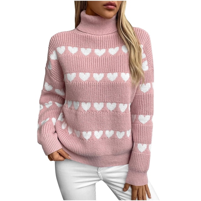 Penkiiy Chandails pour Femmes Décontractés à Manches Longues Col Roulé Tricotés à Rayures Imprimés Love Chandail Ample Chandails Hauts m Rose