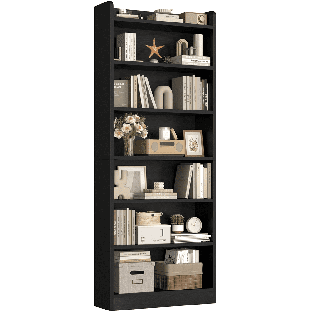 FullFurnique 7-layer Simple Tall Bookshelf with Top Open Compartment, Black