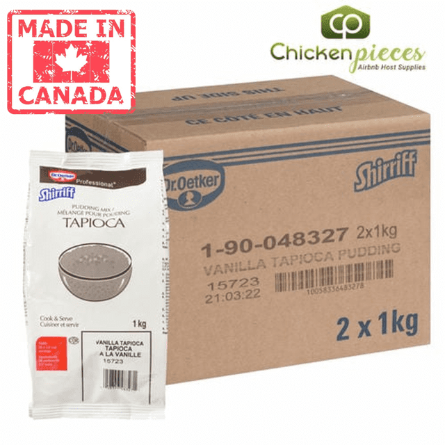 Shirriff Pudding Tapioca Vanilla Powder 1Kg/2.20Lbs (2/Case), Canadian-made dessert mix by Dr. Oetker. Features a 1kg bag of tapioca vanilla pudding mix with creamy vanilla flavor and tender tapioca pearls, ideal for baking supplies or standalone desserts. Packaged with a labeled cardboard case, Kosher certified, and shelf-stable for convenient storage.