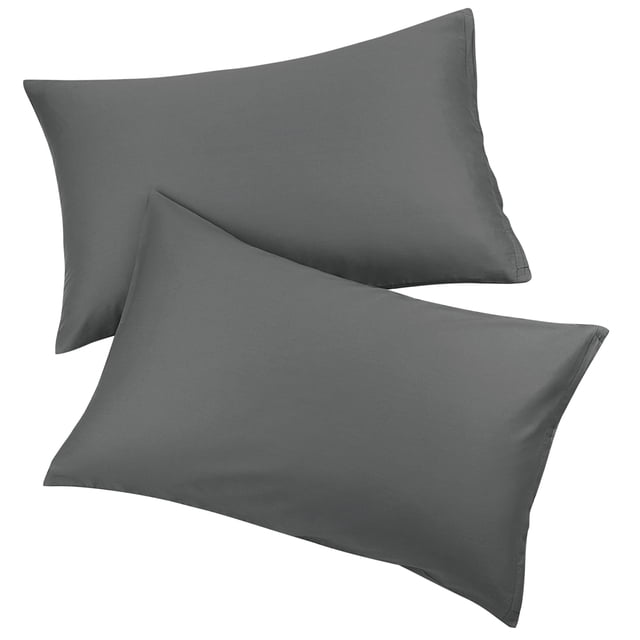 PiccoCasa Pure Cotton Pillowcases 2 Pcs Soft with Zipper in dark gray, queen size. Made from 100% cotton, these pillowcases are soft, durable, and lightweight, offering a comfortable and breathable feel. The zipper closure ensures the pillow stays in place and protected. Suitable for all seasons and perfect for down feather pillows or other types. Package includes two pillowcases, each measuring 20x30 inches (51x76 cm).