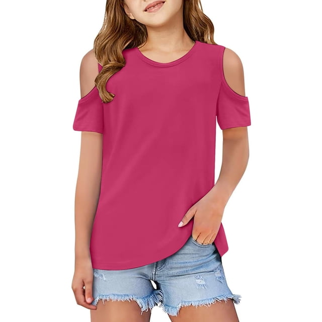 PMVFHDE T-Shirt à Manches Courtes d'Été Uni pour Enfants à Col Rond - Haut Léger, Respirant et Doux Rose Vif, 3-4 Ans